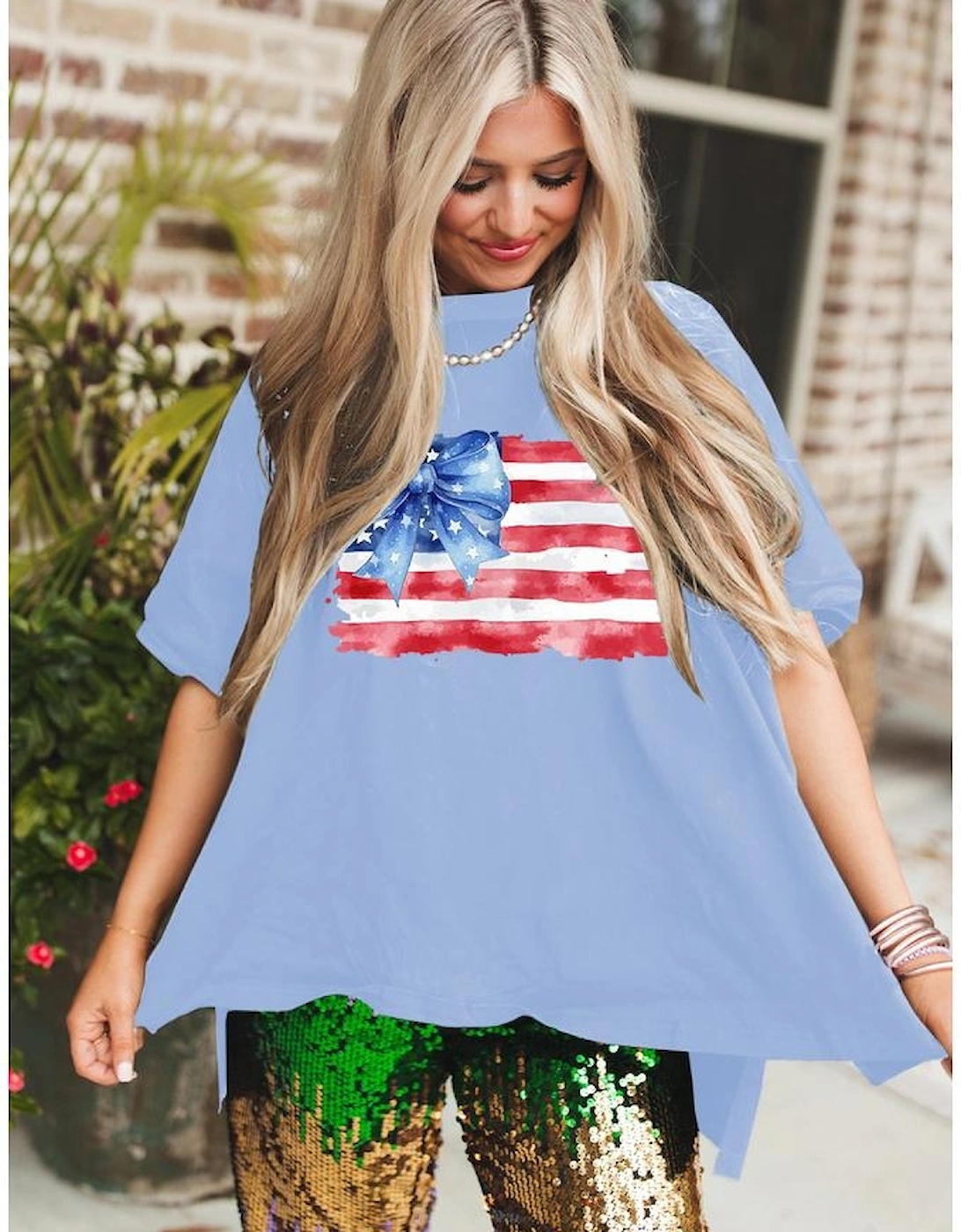 Myosotis American Flag Bow Knot Print Half Sleeve T Shirt