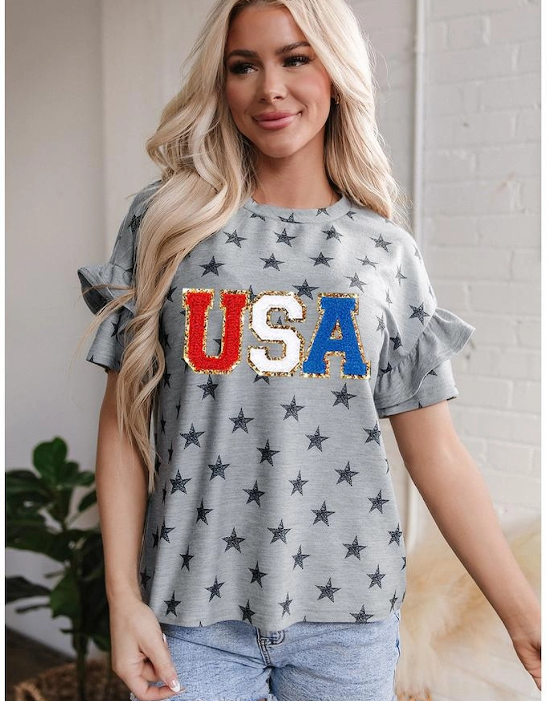 Gray USA Letter Patched Star Printed Ruffle Trim Sleeves Loose Tee