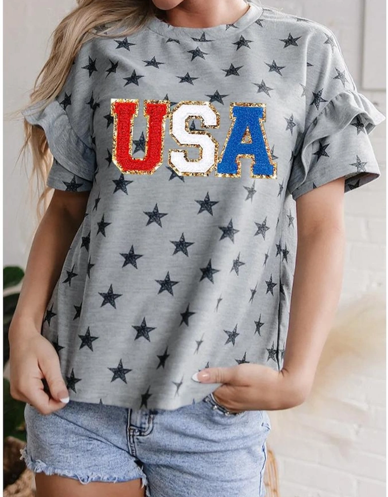 Gray USA Letter Patched Star Printed Ruffle Trim Sleeves Loose Tee