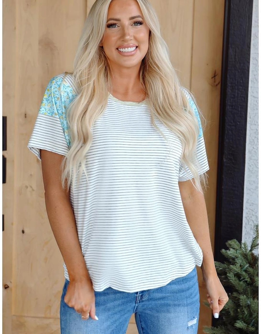 White Stripe Floral Insert Sleeves Contrast Round Neck Tee