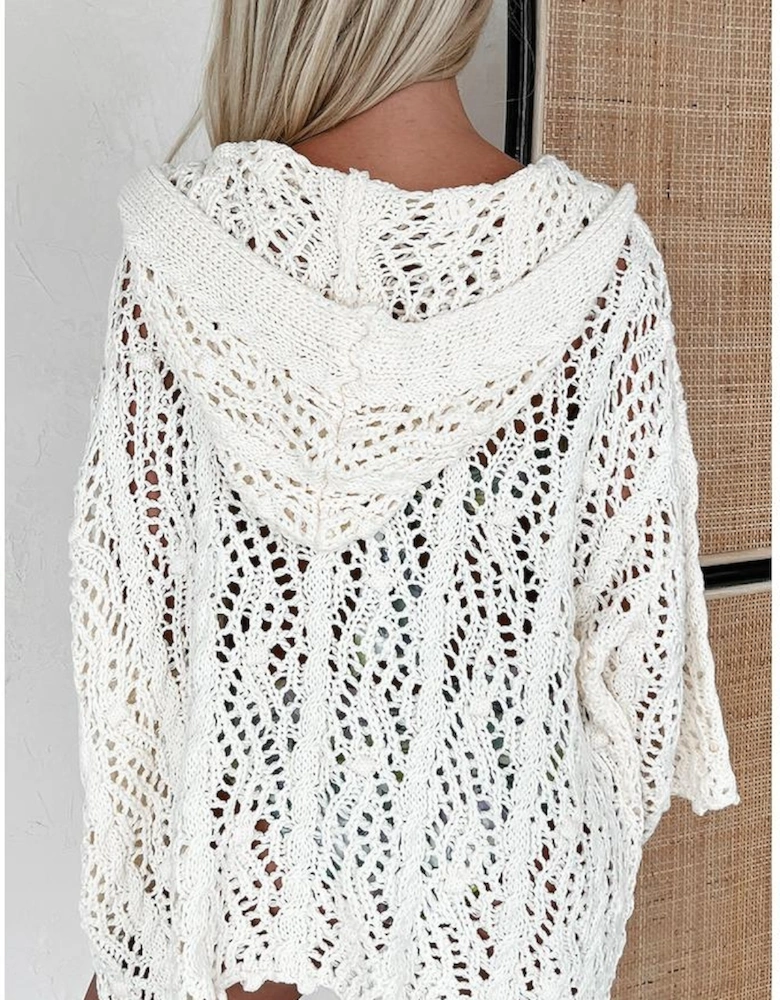 White Fashion Open Knit Hooded Beach Cover Up