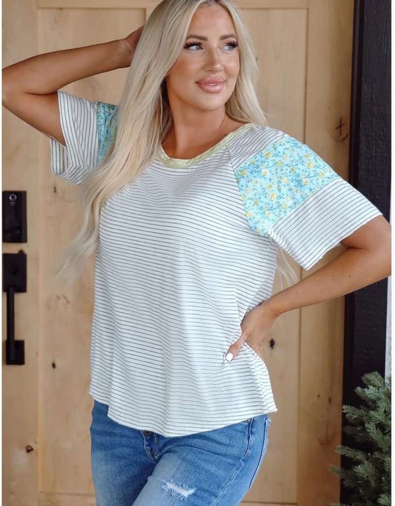 White Stripe Floral Insert Sleeves Contrast Round Neck Tee