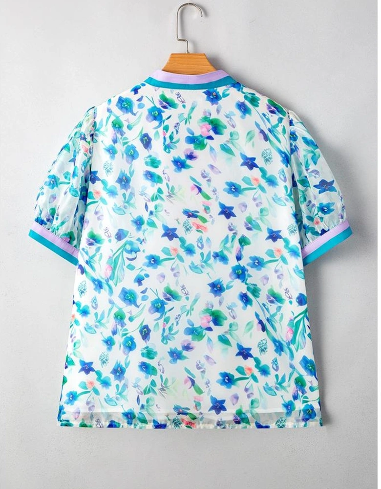 Green Floral Print Colorblock Edge Puff Sleeve Split Neck Plus Size Blouse