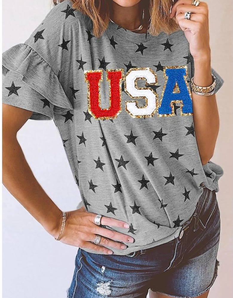 Gray USA Letter Patched Star Printed Ruffle Trim Sleeves Loose Tee