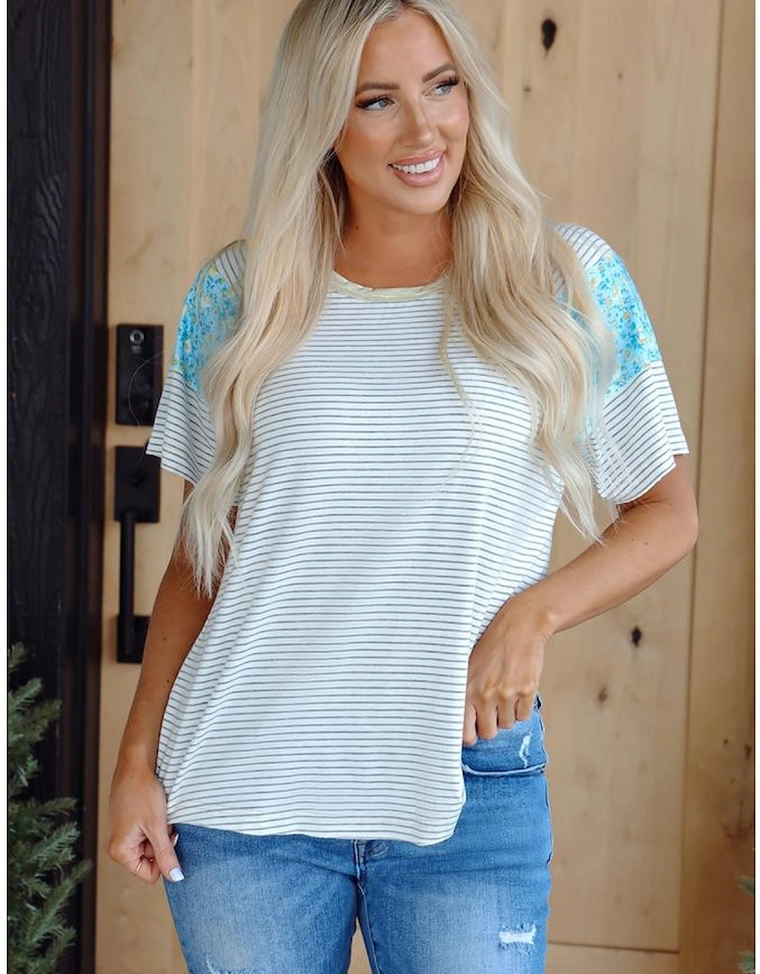 White Stripe Floral Insert Sleeves Contrast Round Neck Tee