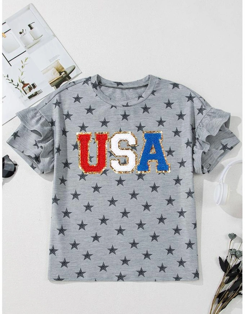 Gray USA Letter Patched Star Printed Ruffle Trim Sleeves Loose Tee