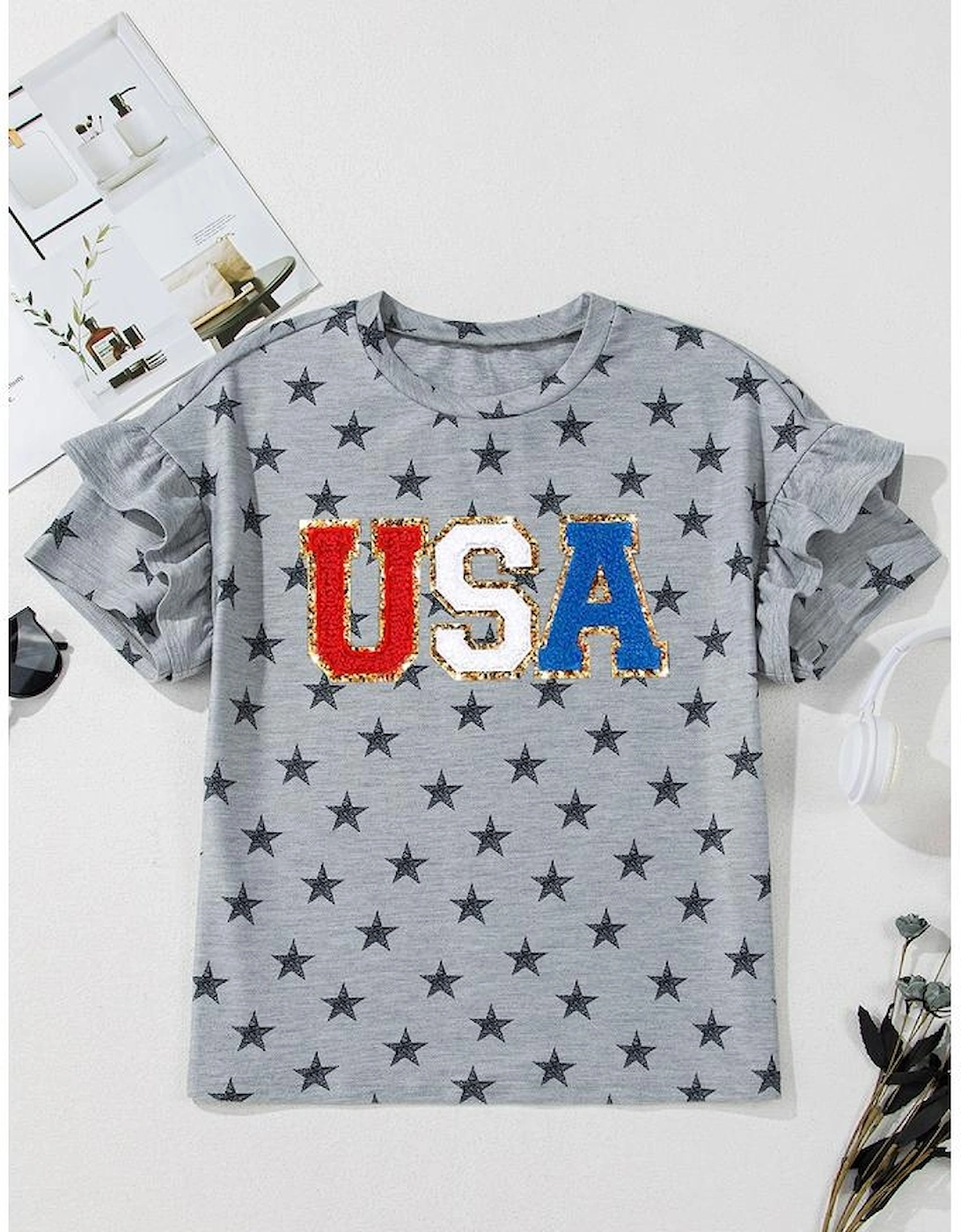 Gray USA Letter Patched Star Printed Ruffle Trim Sleeves Loose Tee