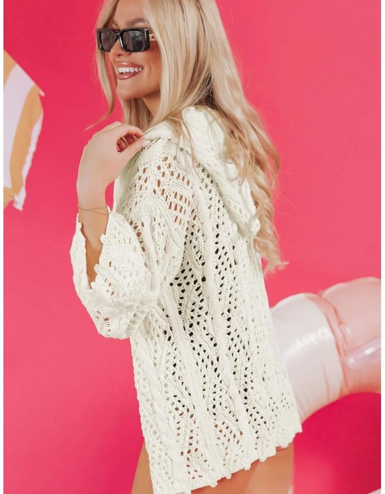 White Fashion Open Knit Hooded Beach Cover Up