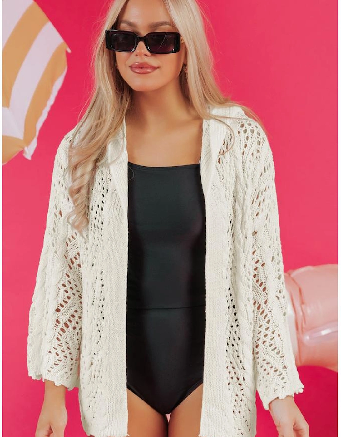 White Fashion Open Knit Hooded Beach Cover Up