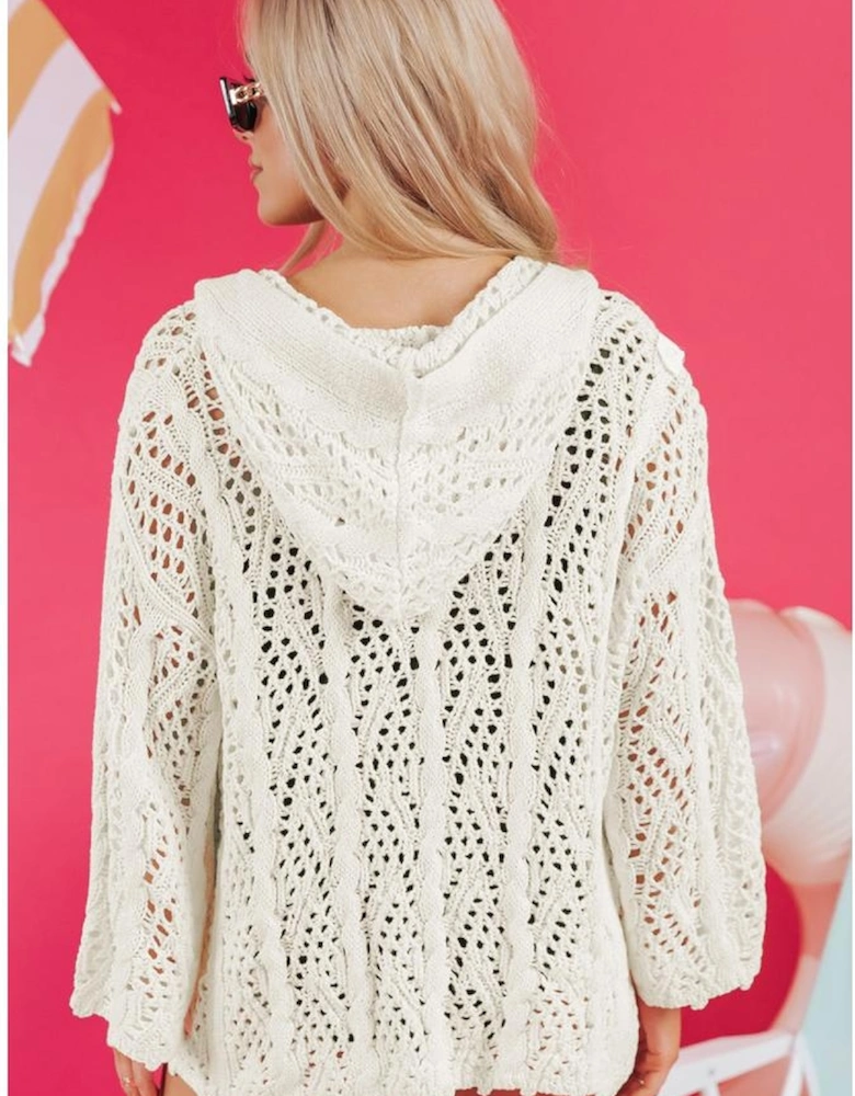 White Fashion Open Knit Hooded Beach Cover Up