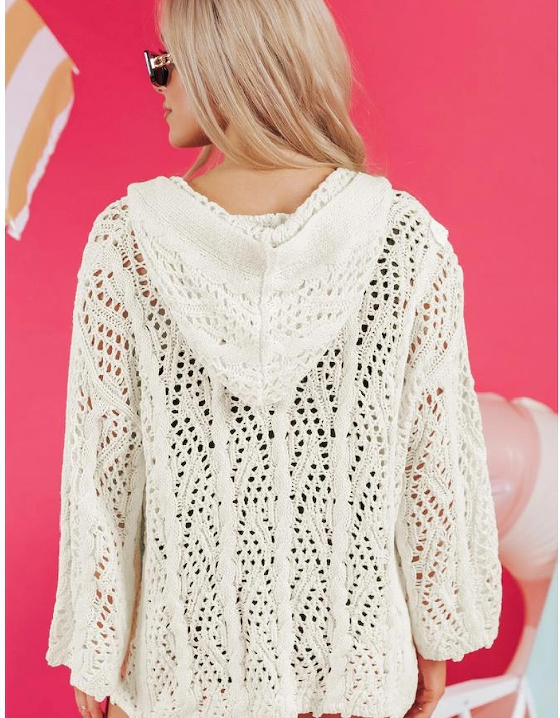 White Fashion Open Knit Hooded Beach Cover Up