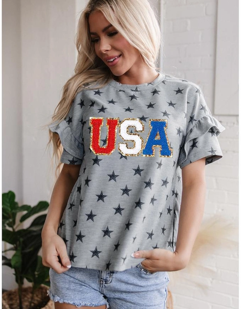 Gray USA Letter Patched Star Printed Ruffle Trim Sleeves Loose Tee