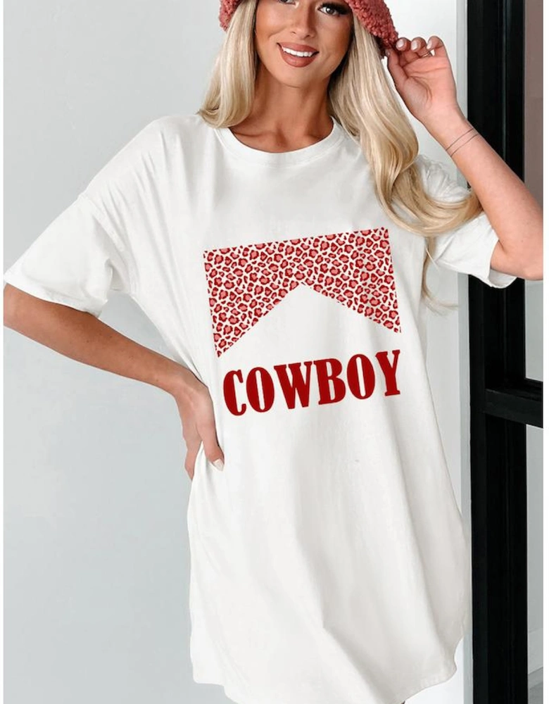 White Oversize COWBOY Graphic Round Neck Short Sleeve Tee