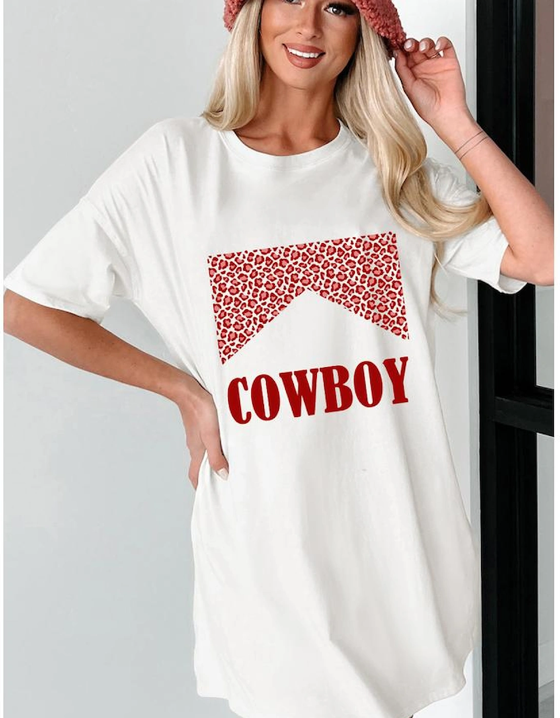 White Oversize COWBOY Graphic Round Neck Short Sleeve Tee