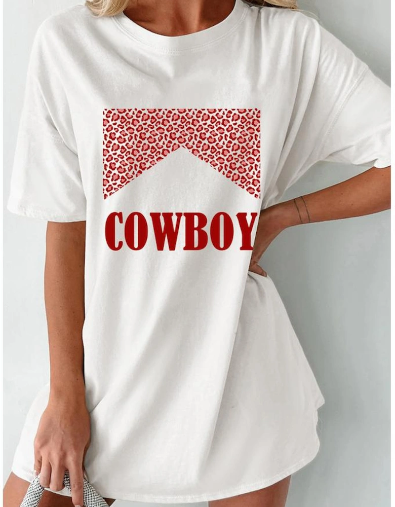 White Oversize COWBOY Graphic Round Neck Short Sleeve Tee