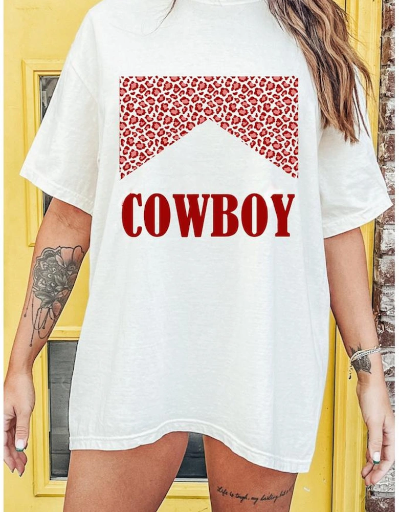 White Oversize COWBOY Graphic Round Neck Short Sleeve Tee