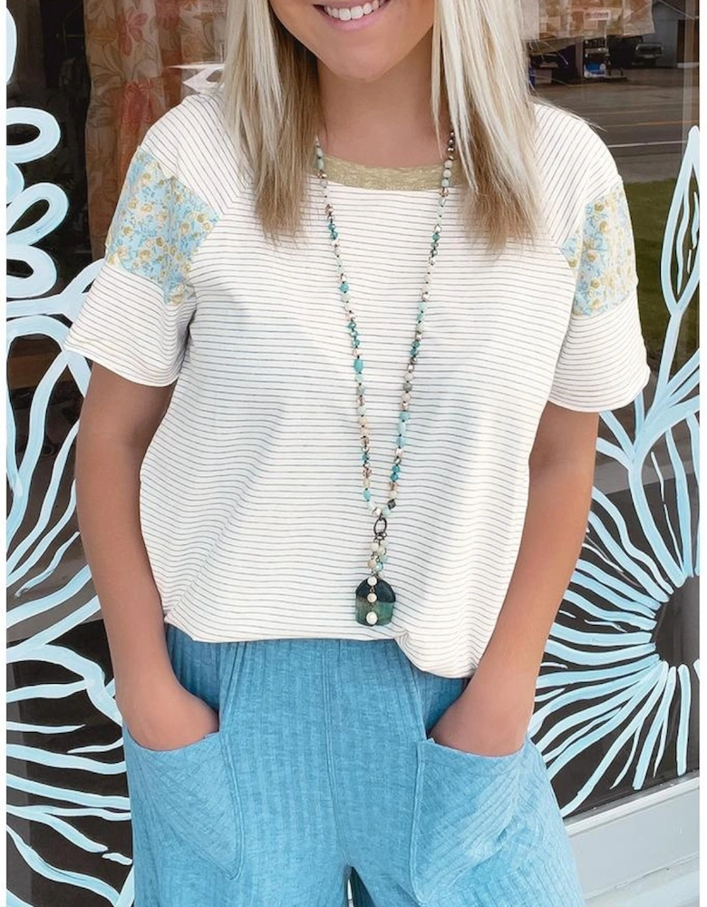 White Stripe Floral Insert Sleeves Contrast Round Neck Tee