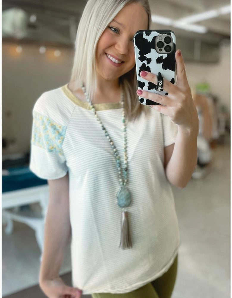 White Stripe Floral Insert Sleeves Contrast Round Neck Tee