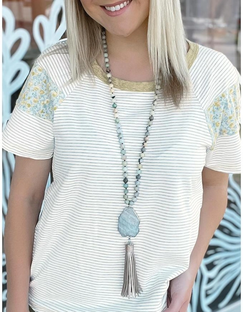 White Stripe Floral Insert Sleeves Contrast Round Neck Tee