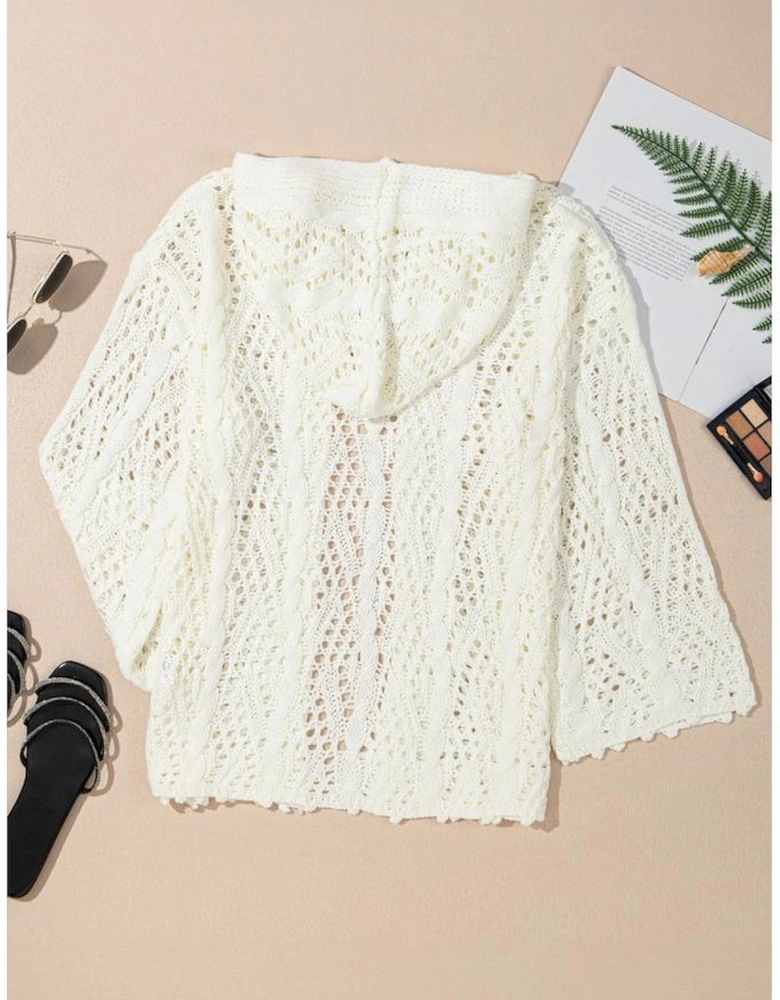 White Fashion Open Knit Hooded Beach Cover Up