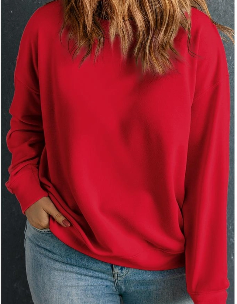 Racing Red Solid Crew Neck Drop Shoulder Plus Size Sweatshirt