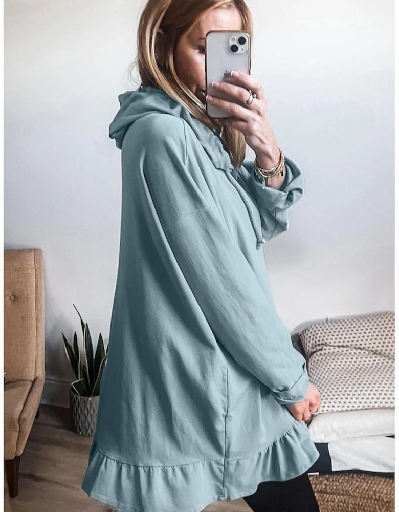 Iceland Blue Solid Ruffled Hem Loose Fit Tunic Hoodie