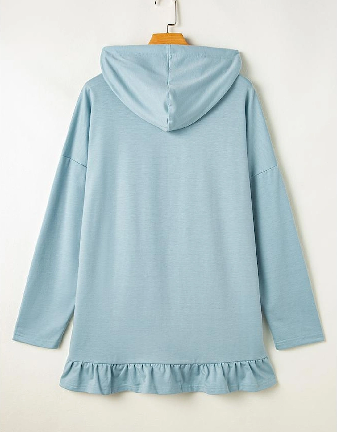 Iceland Blue Solid Ruffled Hem Loose Fit Tunic Hoodie