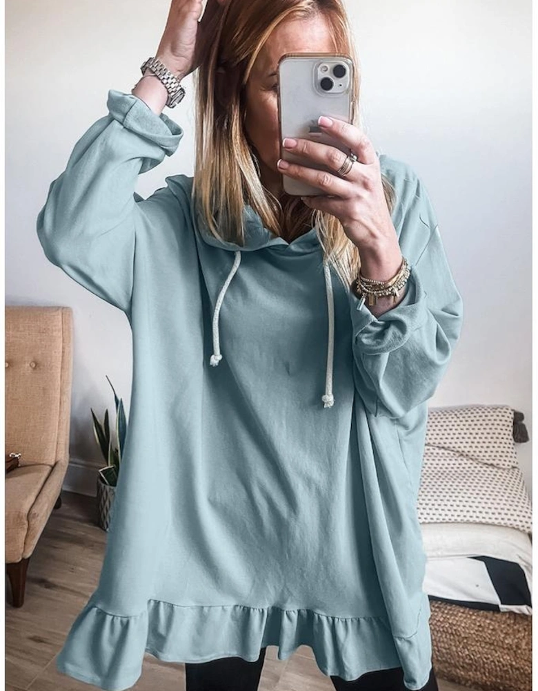 Iceland Blue Solid Ruffled Hem Loose Fit Tunic Hoodie