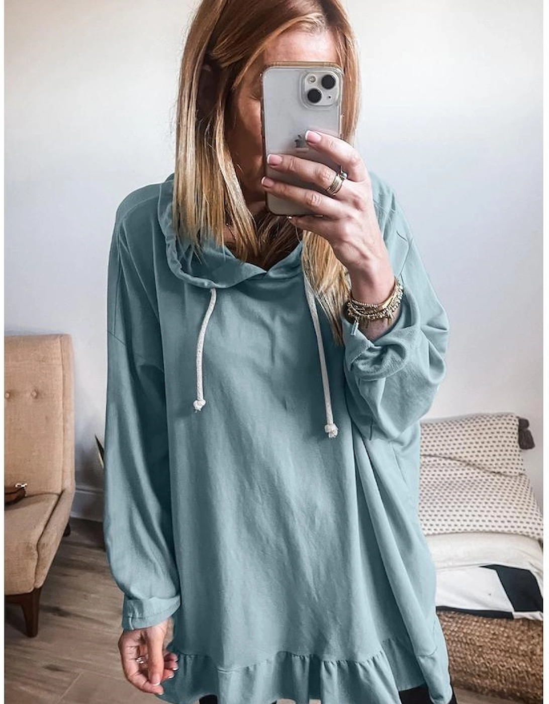 Iceland Blue Solid Ruffled Hem Loose Fit Tunic Hoodie