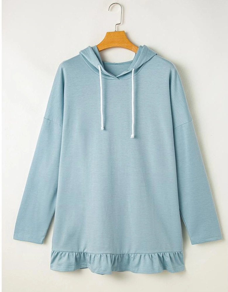 Iceland Blue Solid Ruffled Hem Loose Fit Tunic Hoodie
