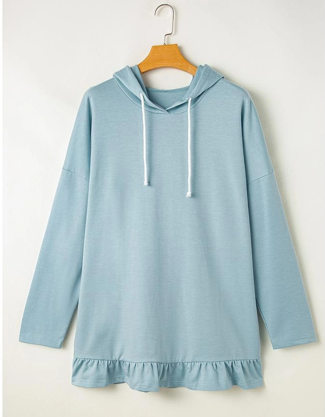 Iceland Blue Solid Ruffled Hem Loose Fit Tunic Hoodie