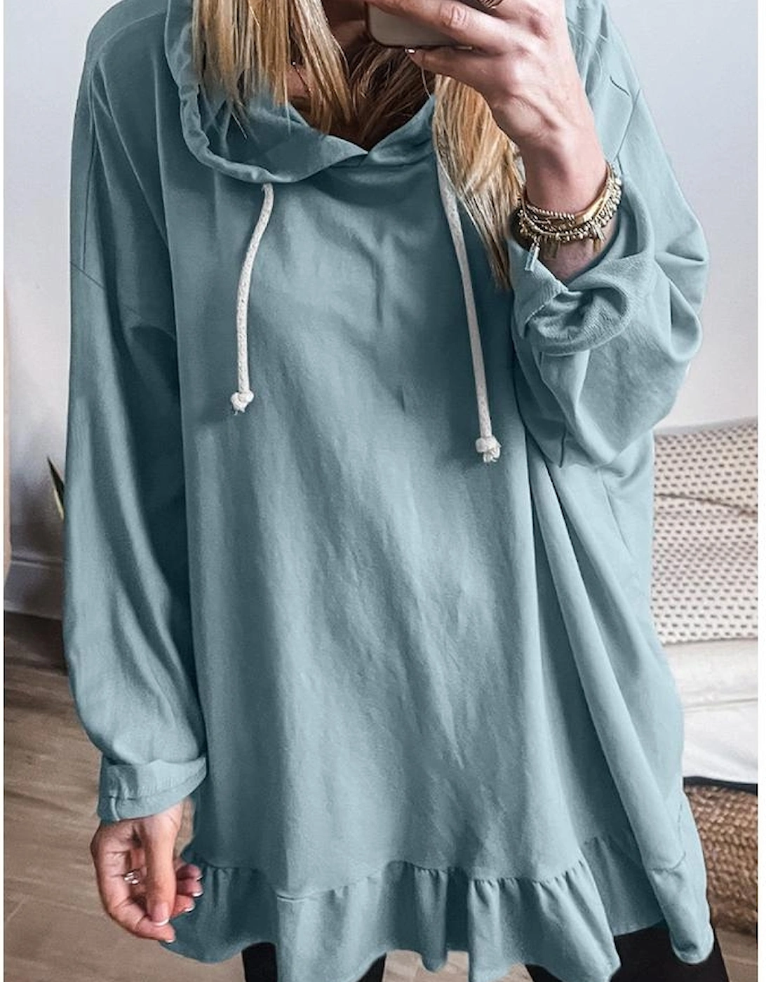 Iceland Blue Solid Ruffled Hem Loose Fit Tunic Hoodie