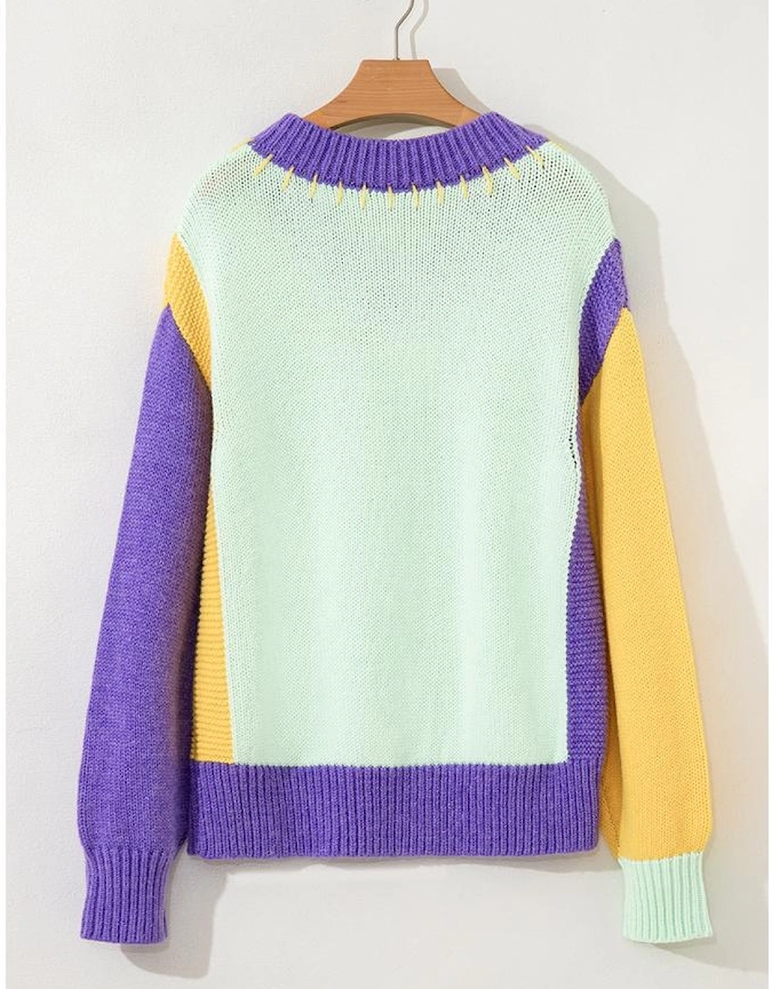 Green Stitched V Neck Color Block Knitted Drop Shoulder Sweater