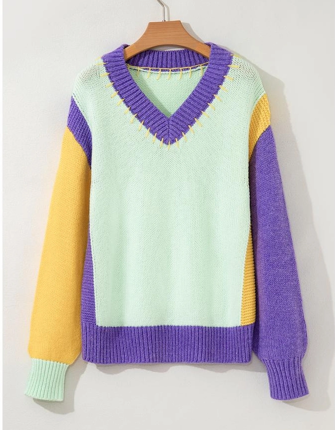 Green Stitched V Neck Color Block Knitted Drop Shoulder Sweater