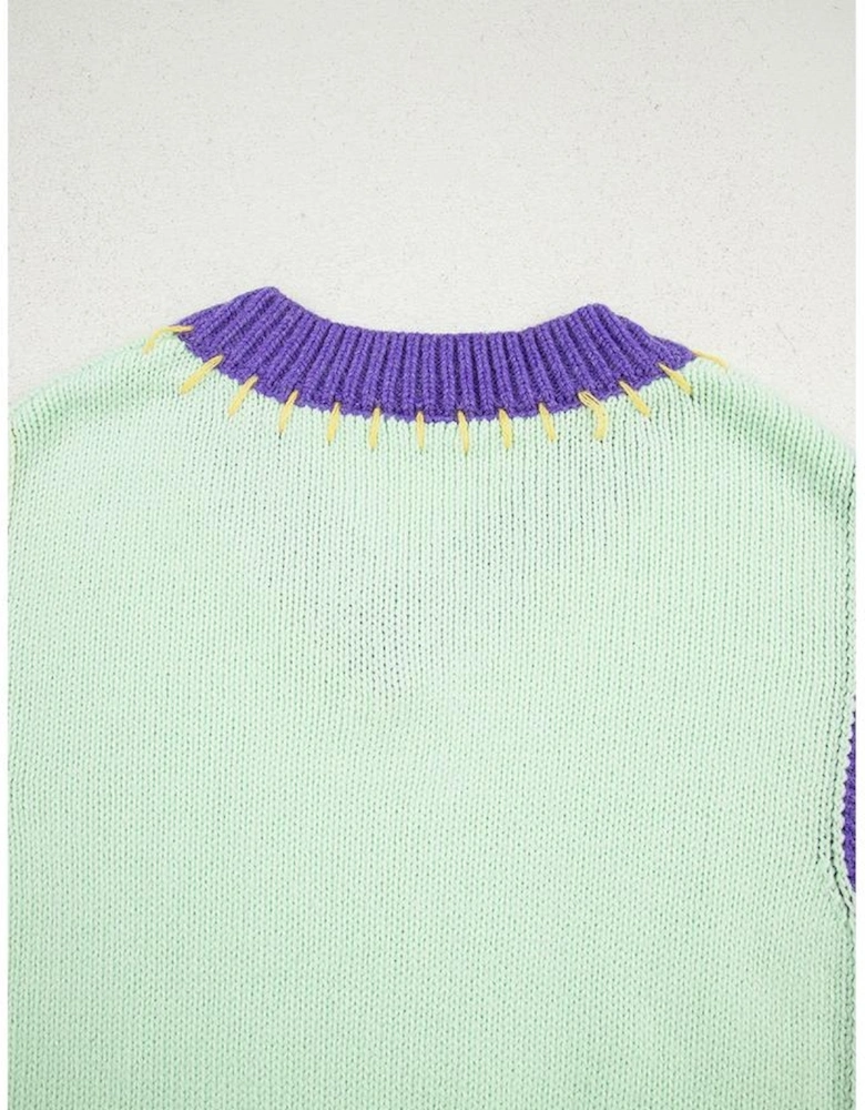 Green Stitched V Neck Color Block Knitted Drop Shoulder Sweater