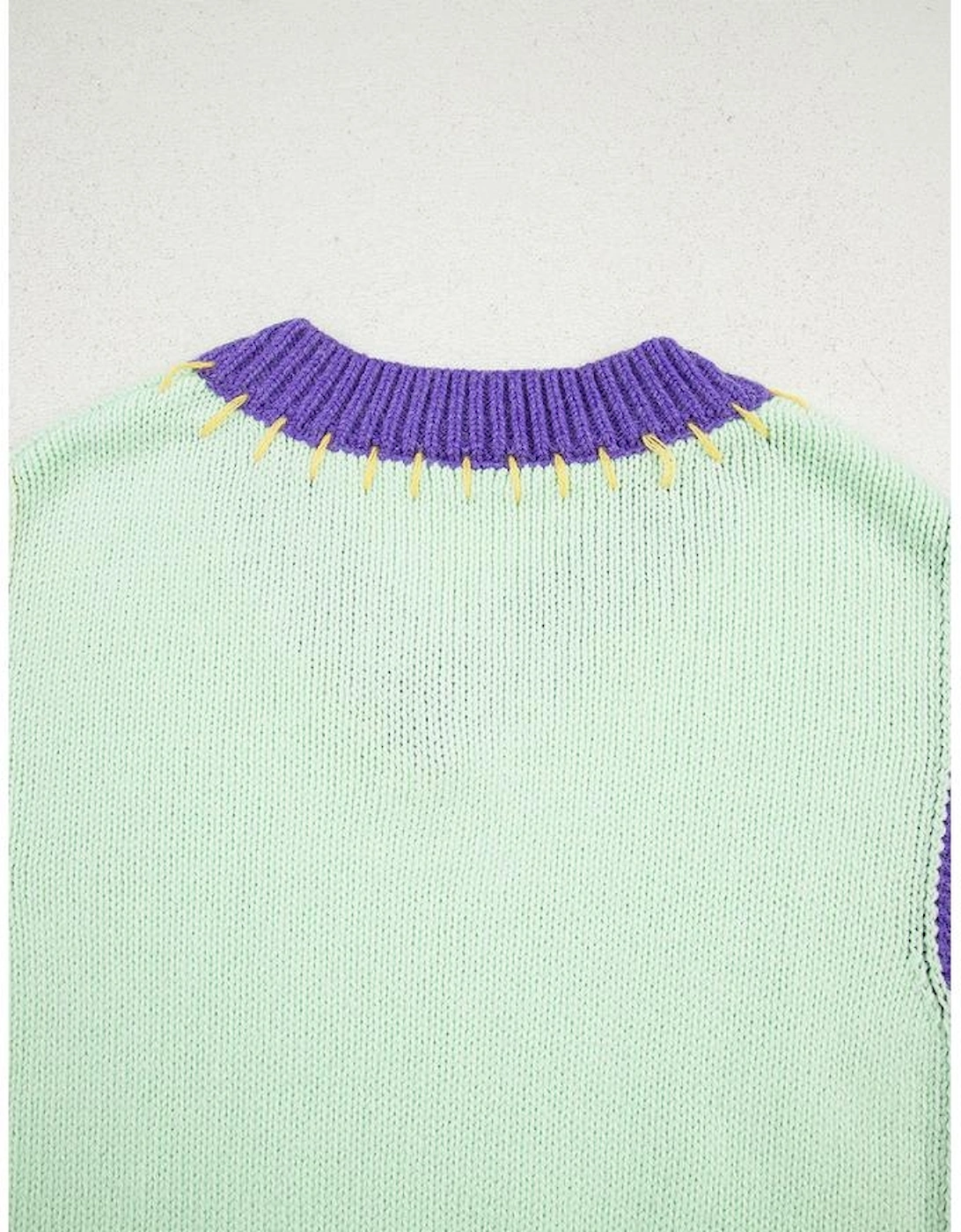 Green Stitched V Neck Color Block Knitted Drop Shoulder Sweater