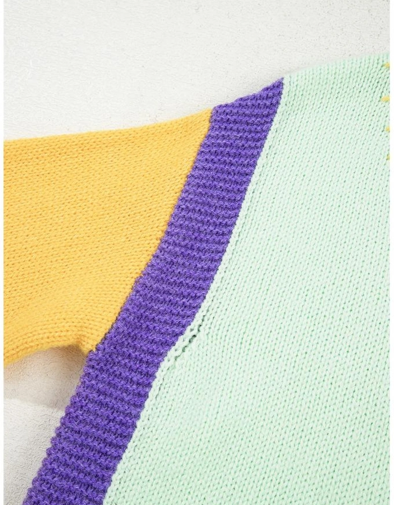 Green Stitched V Neck Color Block Knitted Drop Shoulder Sweater