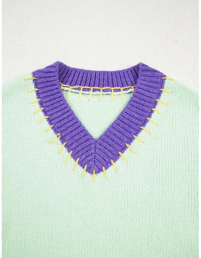 Green Stitched V Neck Color Block Knitted Drop Shoulder Sweater