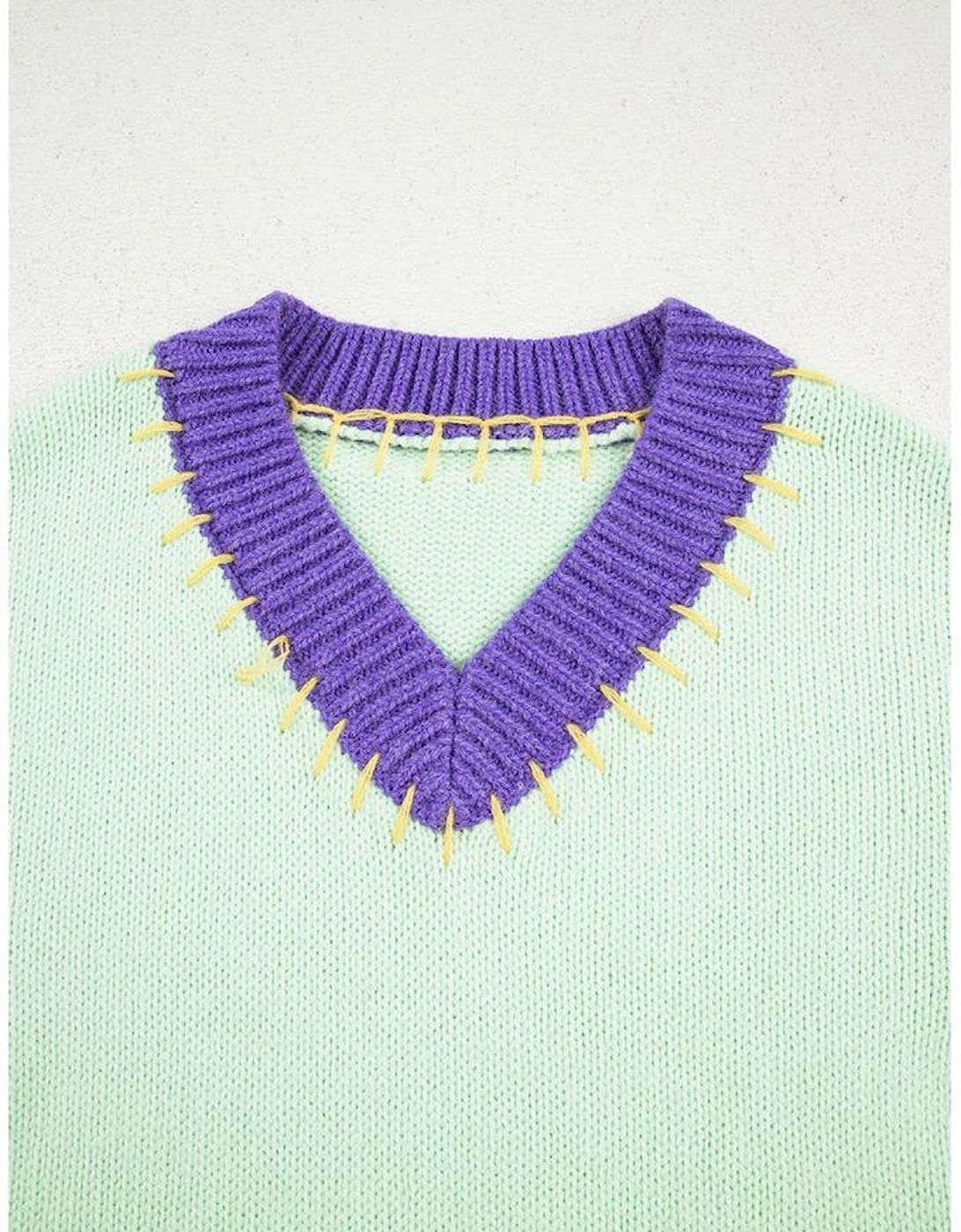 Green Stitched V Neck Color Block Knitted Drop Shoulder Sweater