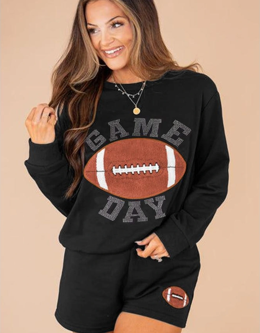 Black GAME DAY Rugby Football Graphic Pullover and Shorts Casual Outfit