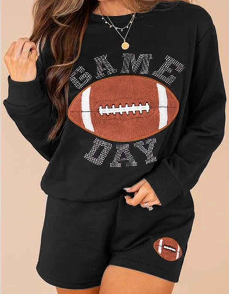 Black GAME DAY Rugby Football Graphic Pullover and Shorts Casual Outfit