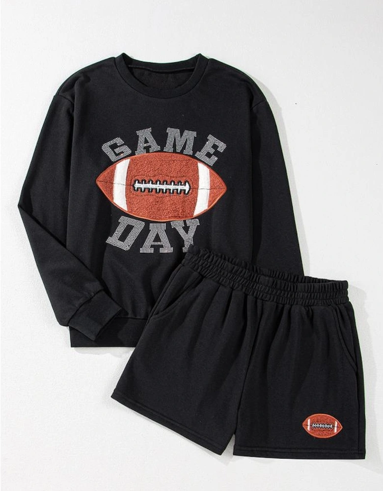 Black GAME DAY Rugby Football Graphic Pullover and Shorts Casual Outfit