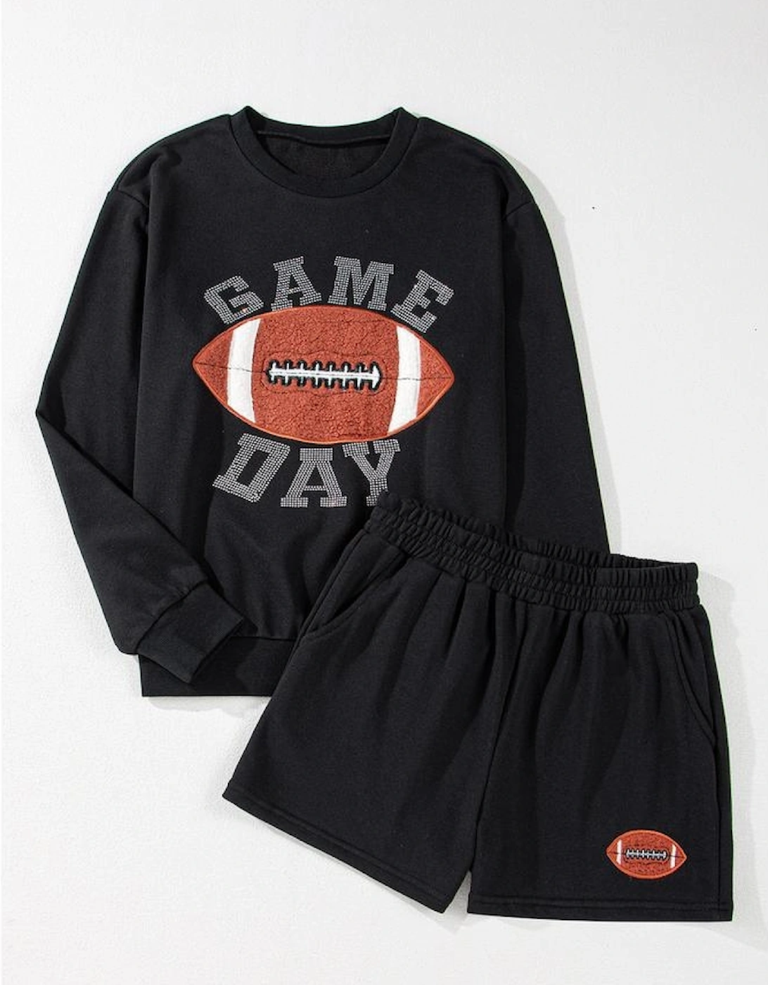 Black GAME DAY Rugby Football Graphic Pullover and Shorts Casual Outfit