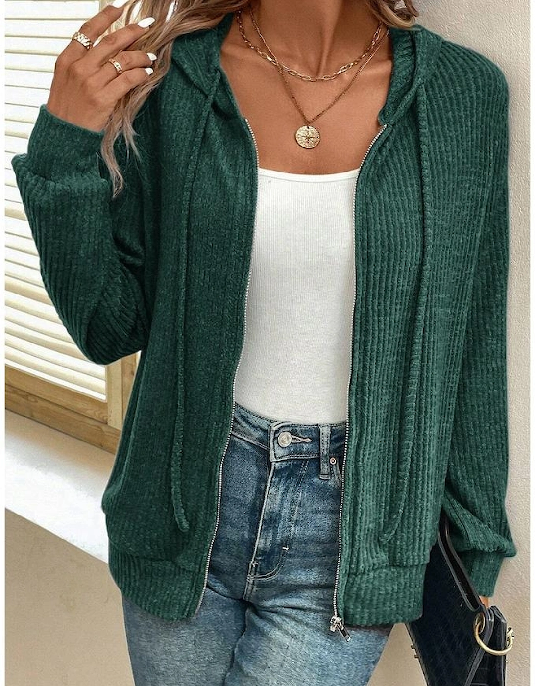 Evergreen Ribbed Zip Up Front Drawstring Hoodie