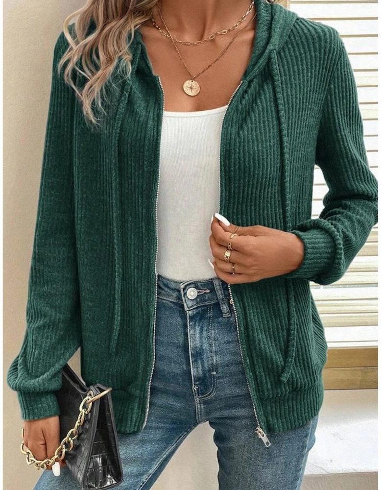 Evergreen Ribbed Zip Up Front Drawstring Hoodie