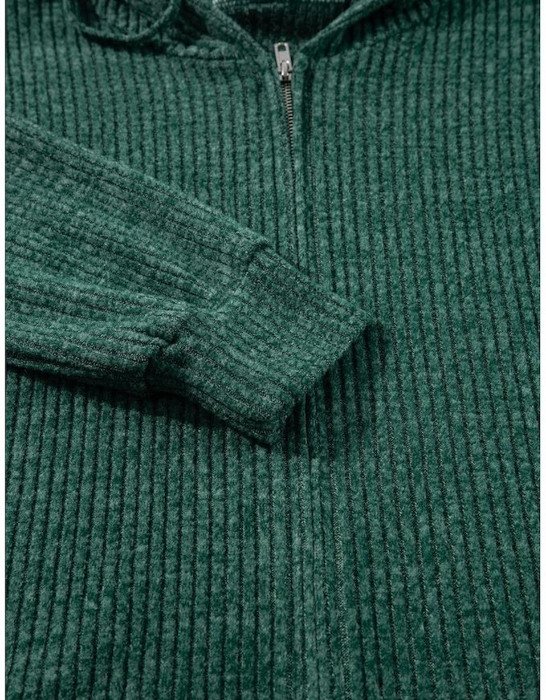 Evergreen Ribbed Zip Up Front Drawstring Hoodie