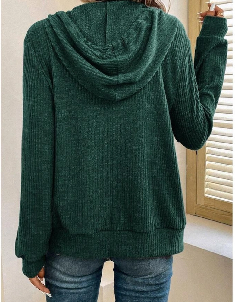 Evergreen Ribbed Zip Up Front Drawstring Hoodie