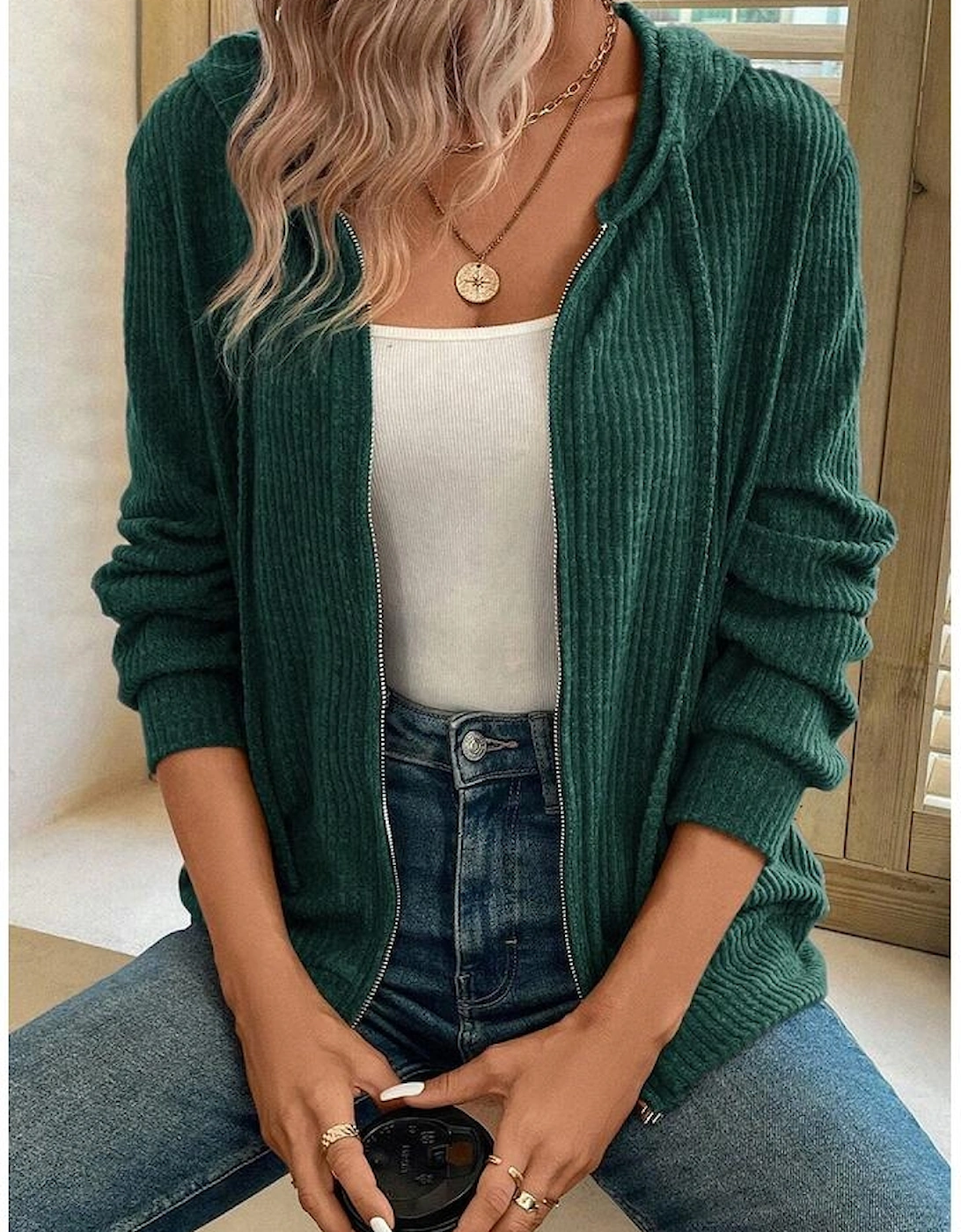 Evergreen Ribbed Zip Up Front Drawstring Hoodie