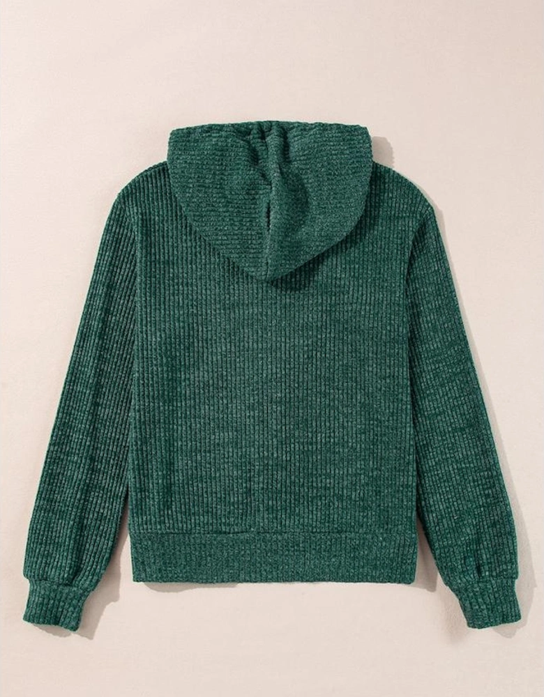 Evergreen Ribbed Zip Up Front Drawstring Hoodie