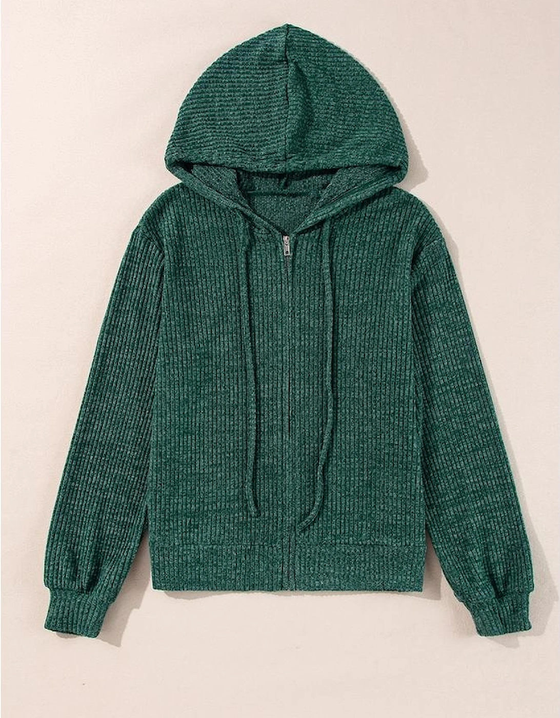 Evergreen Ribbed Zip Up Front Drawstring Hoodie